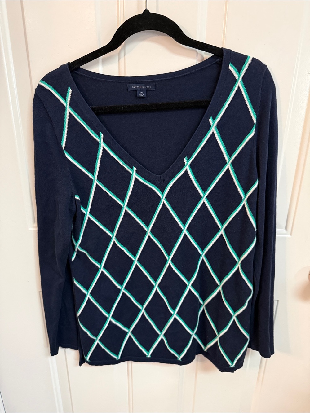 Tommy Hilfiger Navy V-Neck Sweater with Aqua and White Argyle